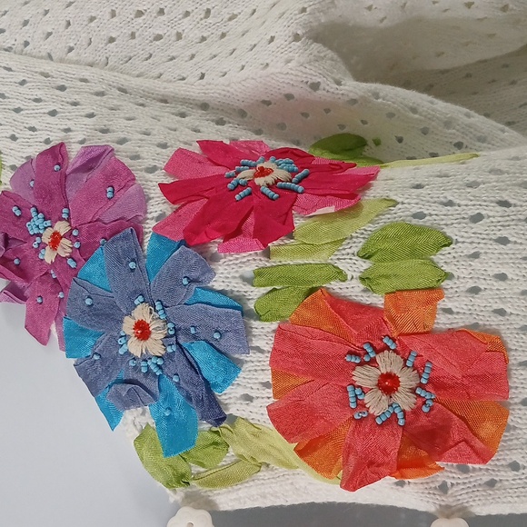 Sigrid Olsen Sport white  linen blend sweater floral accents Sz L NWOT - Picture 4 of 10